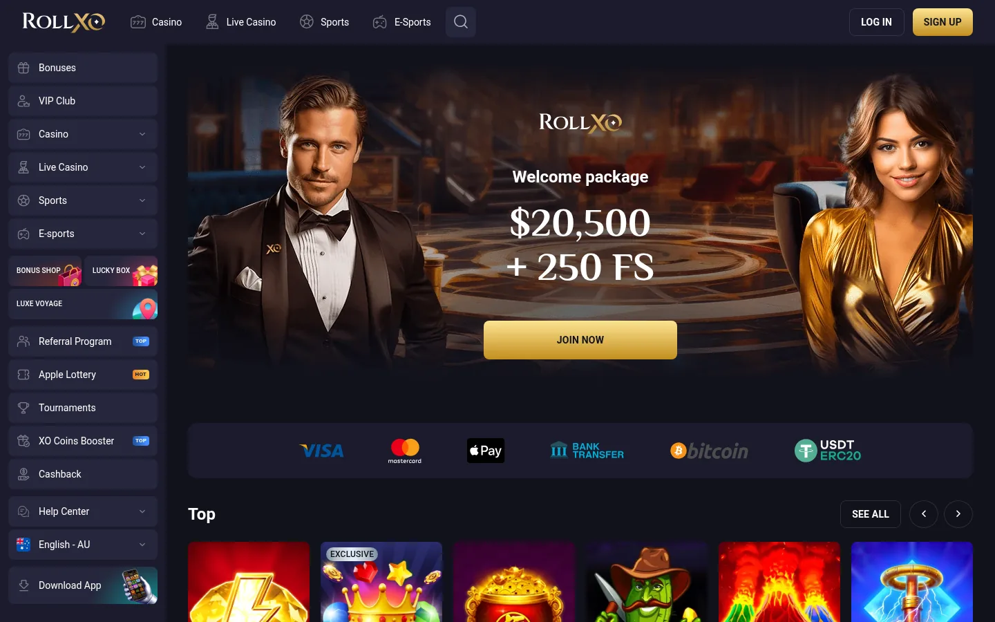 The Rollxo home page with the welcome offer and the lobby