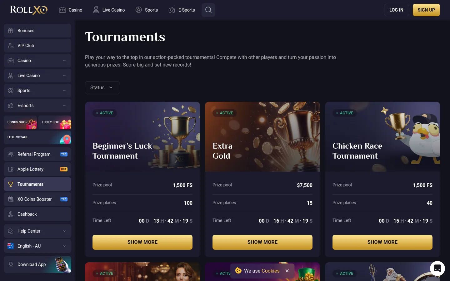 The Rollxo tournaments page with running events